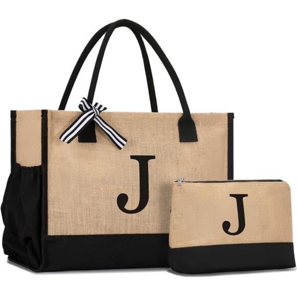 Initial Canvas Tote Bag Birthdays Gift for Women J 2set - Picture 1 of 7